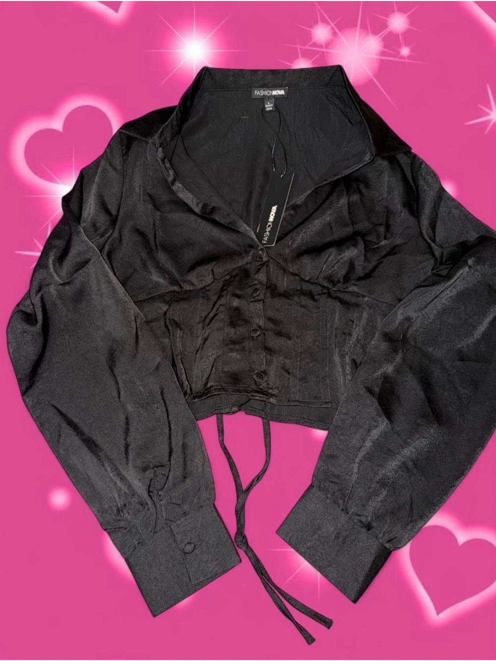 Fashion Nova Black Satin-Look Cropped Button-Up Top